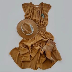 Ruffle neck, socked waist, flutter sleeve midi